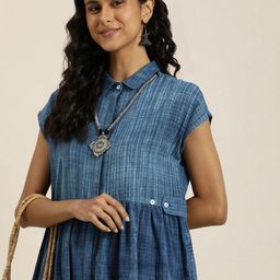 Taavi Shirt Collar Cotton Linen Indigo Denim A-Line Ethnic Dress-image-36