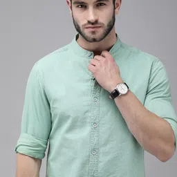 The Roadster Lifestyle Co Men Mint Green Solid Mandarin-Collar Regular Fit Denim Casual Shirt-image-37