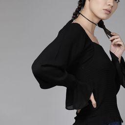 The Roadster Lifestyle Co Sustainable ECOVERO Greenturn Women Black Smocked Fitted Top-image-51