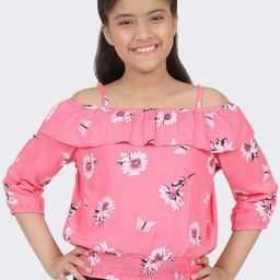 CACA CINA Girls Pink & White Floral Printed Cold-Shoulder Sleeves Blouson Top-picture-39