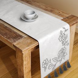 BLANC9 White & Grey Floral Embroidered Cotton Table Runner-34