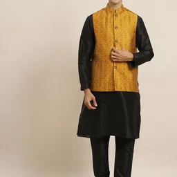 SOJANYA Men Black Kurta with Churidar & Nehru Jacket-picture-42