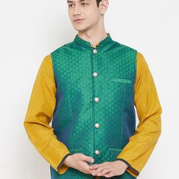 even Men Green Jacquard Woven Nehru Jacket-29