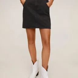 MANGO Women Black Washed Straight Denim Pure Cotton Skirt-image-63