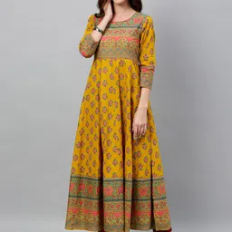 kipek Women Mustard Yellow & Pink Floral Printed A-Line Kurta with Back Tie-Ups-picture-58