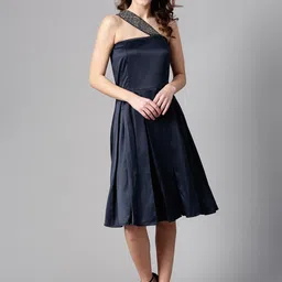 STREET 9 Women Navy Blue Solid Satin Fit and Flare Dress-image-84