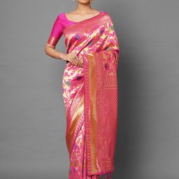 Saree mall Pink & Green Woven Design Silk Blend Banarasi Sarees-image-97