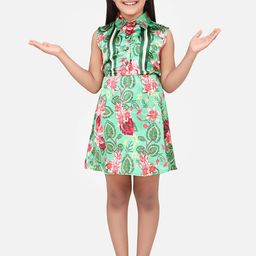 StyleStone Girls Green Printed Satin A-Line Dress-image-6