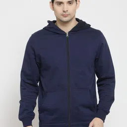 Kalt Men Navy Blue Solid Hooded Sweatshirt-image-30