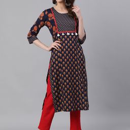 Jaipur Kurti Women Navy Blue & Red Printed Kurta with Trousers-picture-25