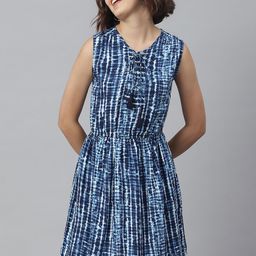 StyleStone Women Navy Blue & White Dyed Fit and Flare Dress-image-2