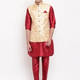 Aj DEZInES Men Red & Beige Layered Straight Jacquard Kurta with Pyjamas & Nehru Jacket-picture-9