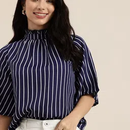 HERE&NOW Striped High Neck Flared Sleeve Top-image-30