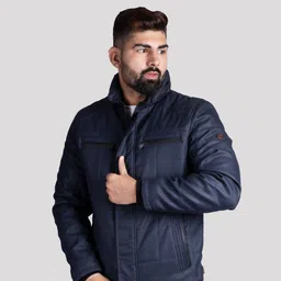HUE & HIDE Checked Stand Collar Biker Jacket-image-26