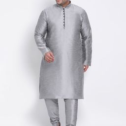Hangup Men Grey Dupion Silk Kurta with Pyjamas-picture-18