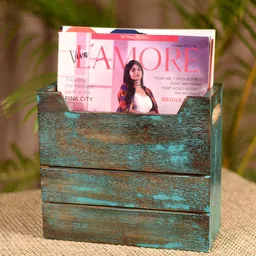 Unravel India Brown & Blue Solid Antique Finish Handcarved Mango Wood Magazine Holder-58