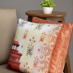 HOUZZCODE Beige & Rust Orange Set of 2 Ethnic Motifs Square Cushion Covers-41