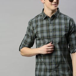 HERE&NOW Men Teal & Yellow Slim Fit Checked Casual Shirt-image-55