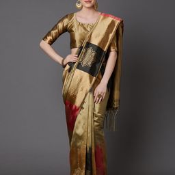 Mitera Gold-Coloured & Red Silk Blend Woven Design Banarasi Saree-4