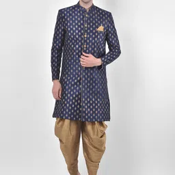 DEYANN Men Navy Blue & Gold-Coloured Woven Design Dupion Silk Sherwani-image-41