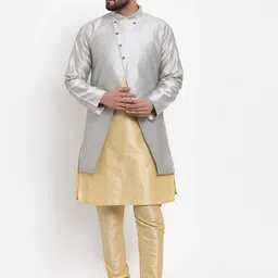 Benstoke Men Gold-Toned & Silver-Toned Solid Kurta with Churidar & Achkan-picture-21