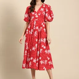 anayna Floral Print Puff Sleeves Pure Cotton A-Line Midi Dress-image-5