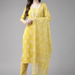 Ginni Arora Label Women Yellow Ethnic Motifs Printed Pure Cotton Kurta with Trousers & With Dupatta-27