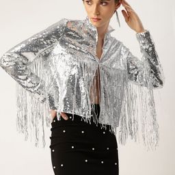 bebe Women Sequin Stand Collar Jacket with Fringe Detail-image-35