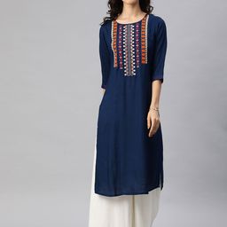 Alena Women Navy Blue Embroidered Straight Kurta-picture-31