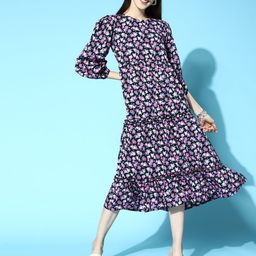 plusS Women Navy Blue Floral Volume Play Dress-image-128