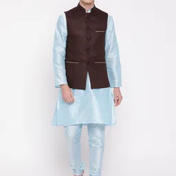 MAG Men Blue Solid Kurta with Churidar & Nehru Jacket-image-44