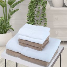 BIANCA Set Of 6 White & Taupe Solid 500 GSM Pure Cotton Towel Set-image-12