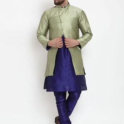Benstoke Men Navy Blue & Green Solid Kurta with Churidar & Ethnic Jacket-picture-2