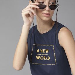 Roadster Women Navy Blue  Mustard Yellow Pure Cotton Printed Round Neck T-shirt-image-47
