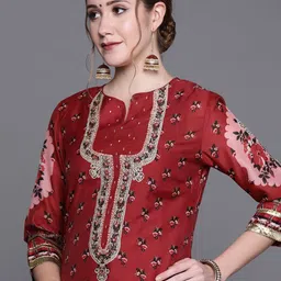 Biba Women Red & Black Ethnic Motifs Woven Design Gotta Patti Winter Kurta-9
