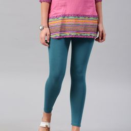 W Women Teal Green Solid Ankle Length Leggings-image-61
