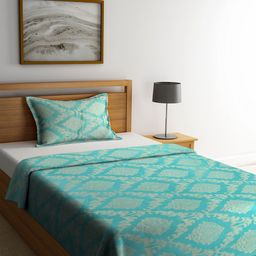 Soumya Turquoise Blue Self Design Premium Satin Single Bed Cover With Pillow Cover-13