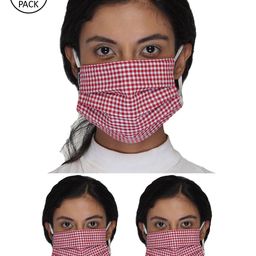 Anekaant Women Red Pack Of 3 Reusable Checkered 3 Ply Cotton Fabric Fashion Mask-15