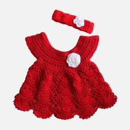 Woonie Girls Red Self Design Handmade Fit and Flare Dress with Headband-image-99