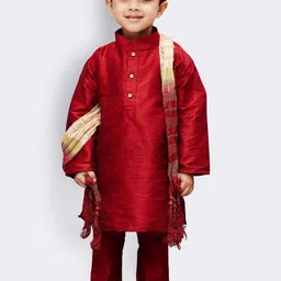 JBN Creation Boys Maroon & Gold-Coloured Solid Kurta with Pyjamas & Dupatta-image-15
