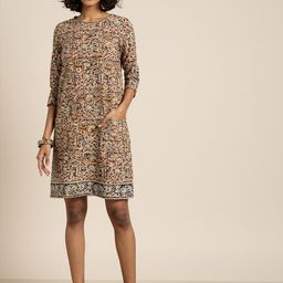 Taavi Beige & Maroon Kalamkari Block Print A-Line Sustainable Pure Cotton Dress With Pocket Detailing-7