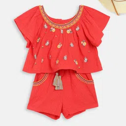 Blue Giraffe Girls Red & Yellow with Embroidered Jumpsuit-image-23