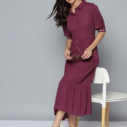 Mast & Harbour Burgundy Solid Tiered Shirt Dress-image-21