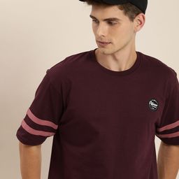 Difference of Opinion Men Burgundy Round Neck Drop-Shoulder Sleeves Cotton Loose T-shirt-image-34