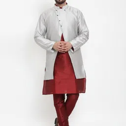 Benstoke Men Maroon Self Design Kurta Pyjama with Sherwani-image-5