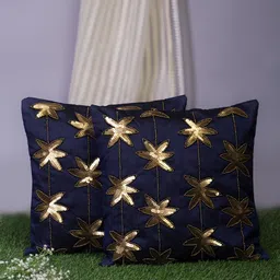 Alina decor Navy Blue & Gold-Toned Set of 2 Embellished Square Cushion Covers-image-24