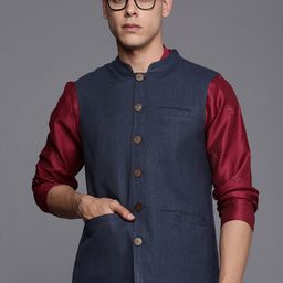 Indo Era Men Navy Blue Solid Ethnic Nehru Jackets-40