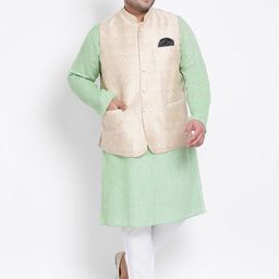 hangup plus Men Green Linen Kurta with Trousers & Nehru Jacket-43