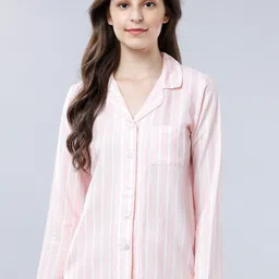 Tokyo Talkies Women Pink & White Striped Sleep Shirt-image-35