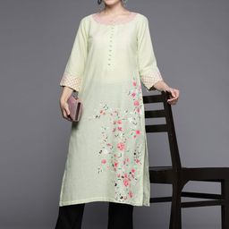 Biba Women Green & Off White Pure Cotton Checked Thread Work Kurta-48